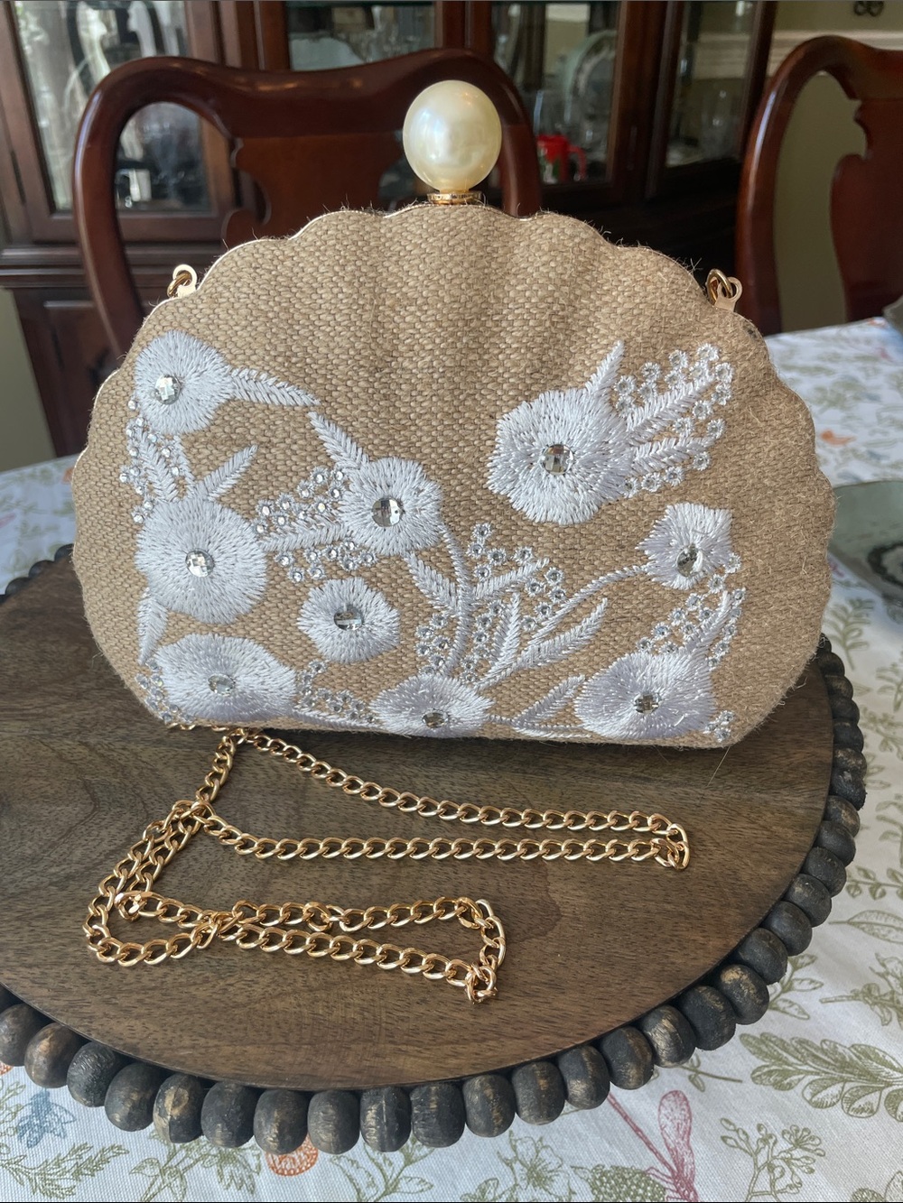 Haute Hippie Beige Embroidered Pearl-Top Evening Clutch/Crossbody